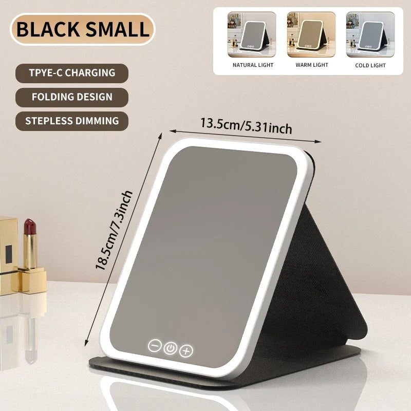 Blushimmer 3-color dimmable LED makeup mirror with touch screen, foldable design for travel and home use, rechargeable tabletop mirror