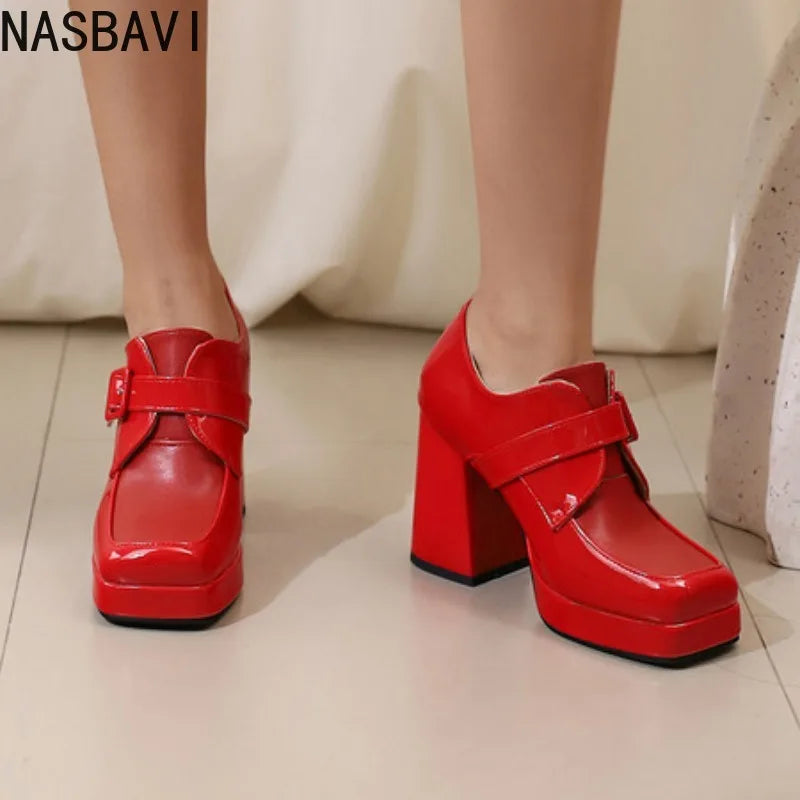 NASBAVI Ladies Pumps Square Toe Block Heels 9.5cm Platform 2cm Belt Buckle Plus Size 46 47 48 Fashion Dating Party Women Shoes