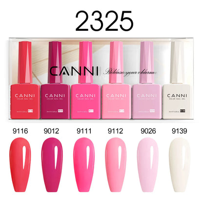 Blushimmer 6-pack 9ml CANNI HEMA-Free nail gel polish set with vibrant semi-permanent colors for UV and LED gel nails.