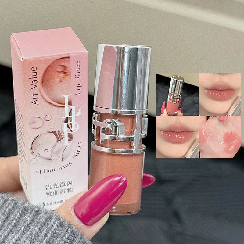 Blushimmer transparent moisturizing lip gloss with crystal shine, hydrating formula, and tinted plumper effect on lips.