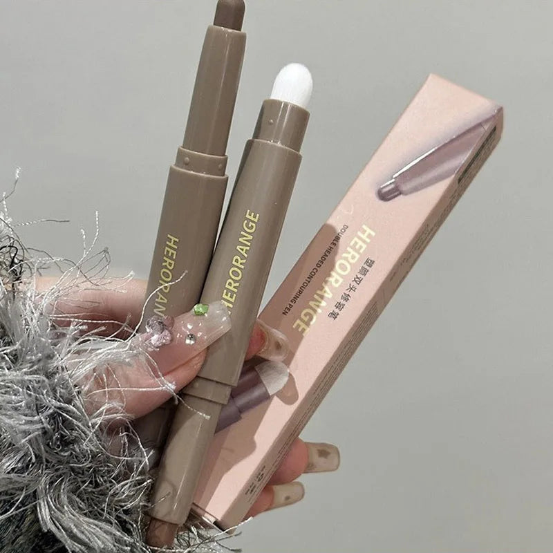 Blushimmer double head contour stick with brush, featuring cream bronzer and nose shadow for waterproof, lasting face contouring.
