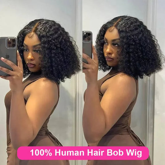 Selvanelle 13x4 lace closure deep curly human hair wig with baby hair, short bob style for Black women, deep wave texture