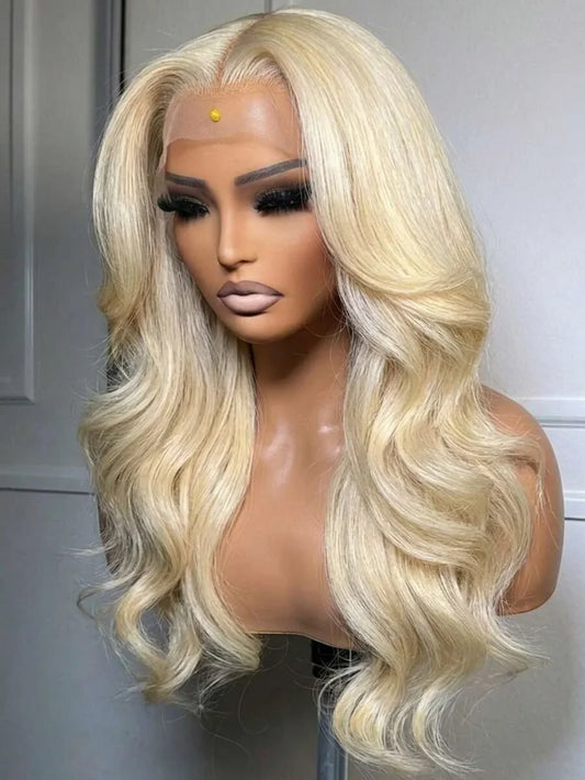 Blonde human hair body wave 13x6 lace front wig with natural hairline, baby hair, and 250 density for women, by Selvanelle.
