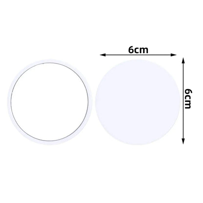 Small round pocket mirror by Blushimmer with customizable logo in red, pink, white, and black for wedding souvenirs or gifts.