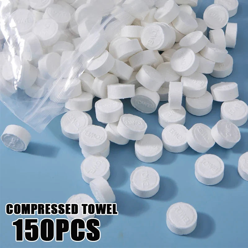 Blushimmer 150pcs compressed hand wipe towels, soft non-woven makeup wipes for portable face cleaning and disposable use.