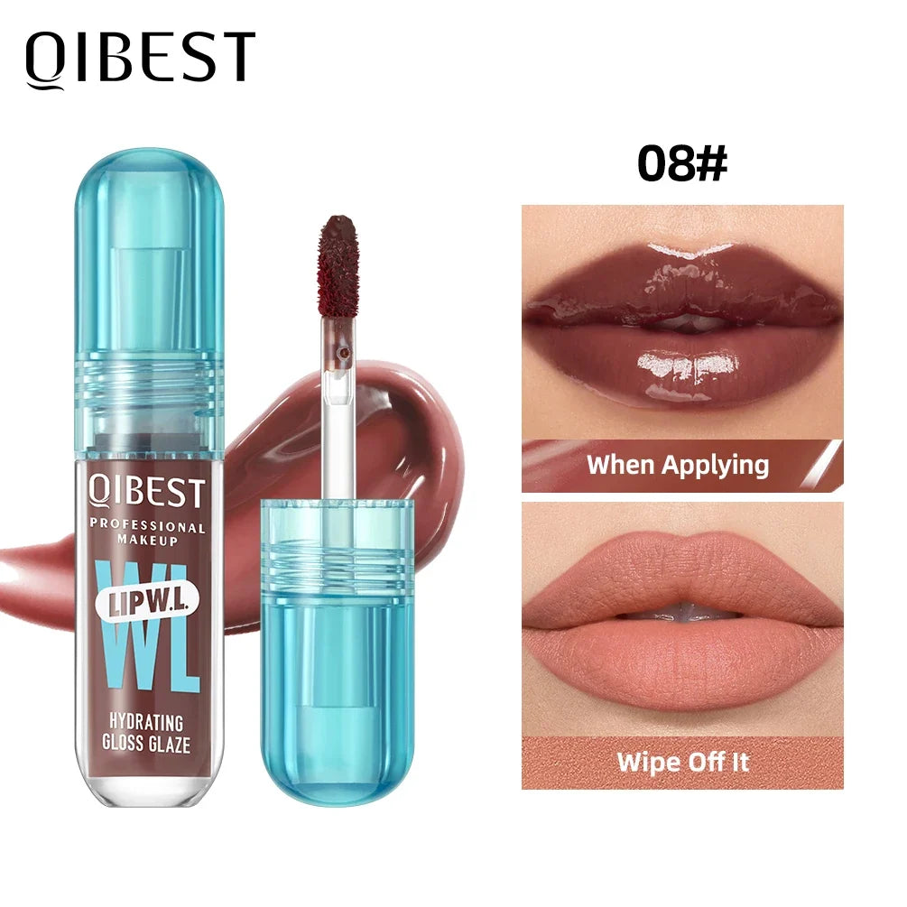 Blushimmer QIBEST Hydrating Crystal Lip Gloss with mirror water glaze finish, long-lasting moisturizing lip tint in a sleek container