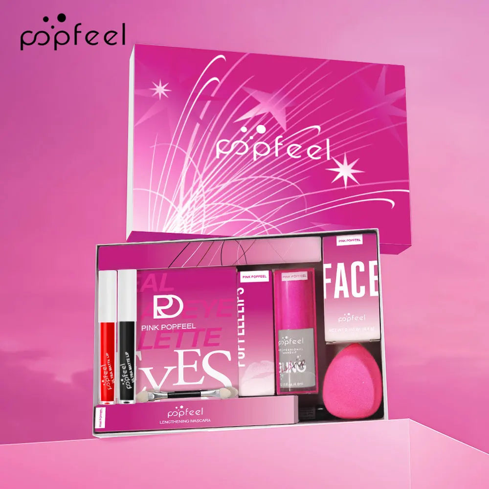 Blushimmer POPFEEL pink makeup set gift box with eyeshadow, blush, and lipstick for girls, ideal for birthdays and special occasions.