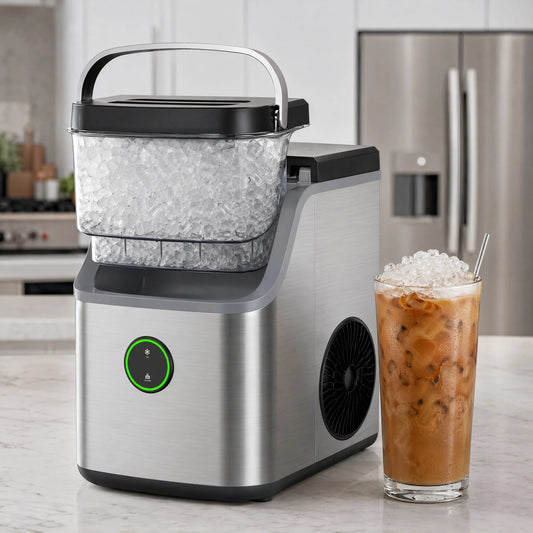 Countertop SEALOON Nugget Ice Maker with ice basket, handle, and scoop, featuring quiet operation and self-cleaning for home or office use.