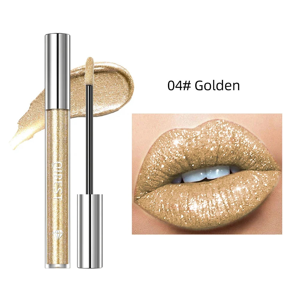 Blushimmer QIBEST Diamond Liquid Lipstick with 6 shades, moisturizing, long-lasting, waterproof lip gloss with gray sparkling finish.
