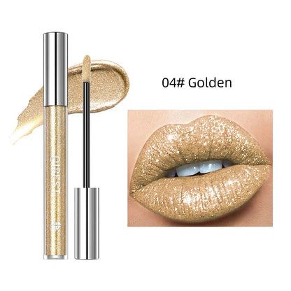Blushimmer QIBEST Diamond Liquid Lipstick with 6 shades, moisturizing, long-lasting, waterproof lip gloss with gray sparkling finish.