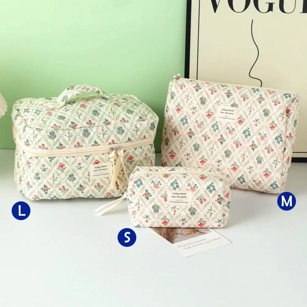 Cute quilted cotton makeup bag by Blushimmer with zipper, cloth design, portable cosmetic organizer for women and girls.
