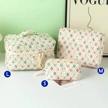 Cute quilted cotton makeup bag by Blushimmer with zipper, cloth design, portable cosmetic organizer for women and girls.