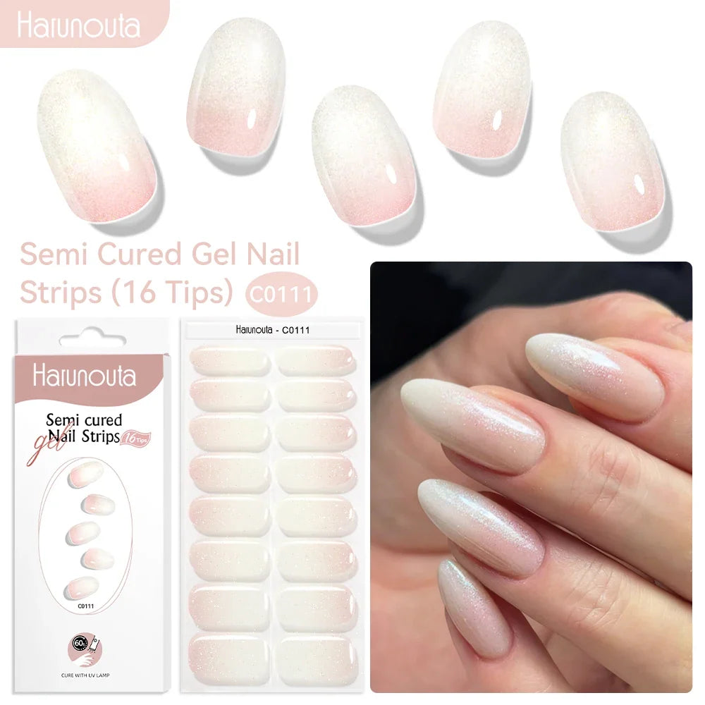 Harunouta gradient red marble gel nail strips with gold lines, semi-cured DIY gel polish stickers for UV/LED nails by Blushimmer