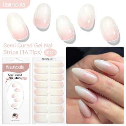 Harunouta gradient red marble gel nail strips with gold lines, semi-cured DIY gel polish stickers for UV/LED nails by Blushimmer