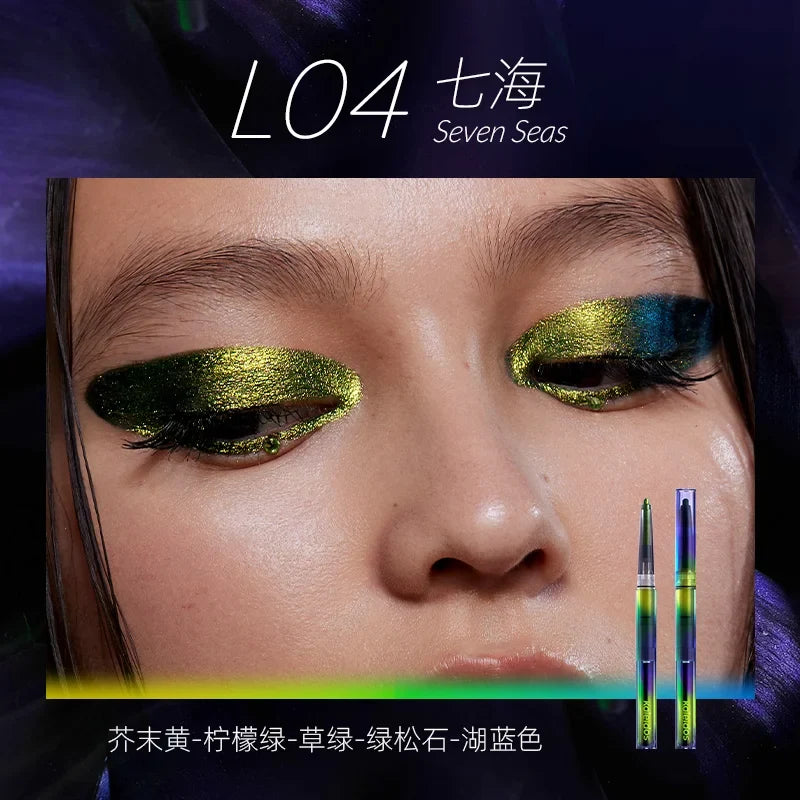 Blushimmer Kaleidos waterproof gel eyeliner pencil with chameleon color, metallic finish, long wear, and glitter details.