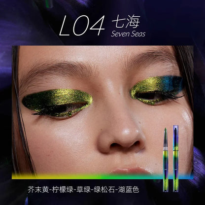 Blushimmer Kaleidos waterproof gel eyeliner pencil with chameleon color, metallic finish, long wear, and glitter details.