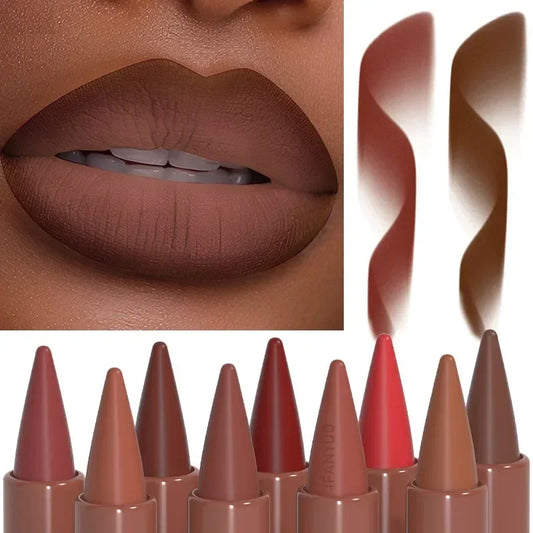 Blushimmer tapered gradient lip liner crayon in matte black brown velvet finish, waterproof, non-sticky lip contouring product.