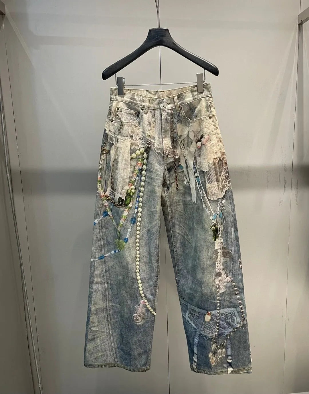 Fashionable Niche 3D Printed Lace Pearl Print Chain Straight Long Pants for Women, Fashion Denim Trousers, Street Jeans Ladies