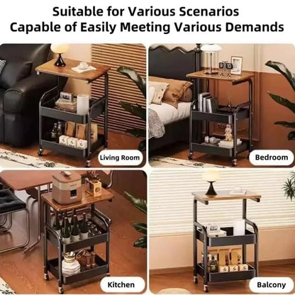 Three-tier metal rolling storage cart with walnut wood tabletop, lockable wheels, ideal for kitchen, bathroom, or craft organization