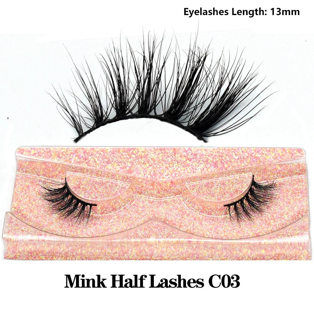 Blushimmer 3D Mink Fluffy Half False Eyelashes with clear band, lightweight, natural look, reusable short eye strip lashes.