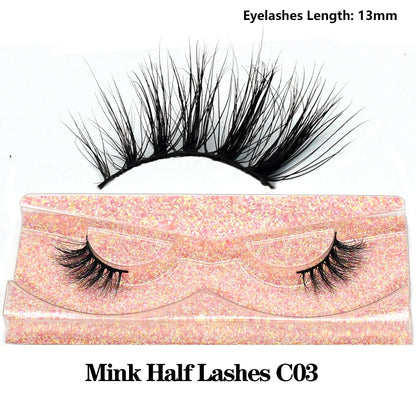 Blushimmer 3D Mink Fluffy Half False Eyelashes with clear band, lightweight, natural look, reusable short eye strip lashes.