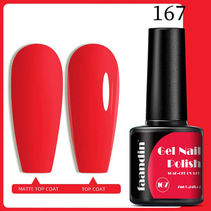 Blushimmer Faandin 7ml red gel nail polish bottle with smooth, full-color, quick-drying, alcohol-free, high saturation gel for nails.
