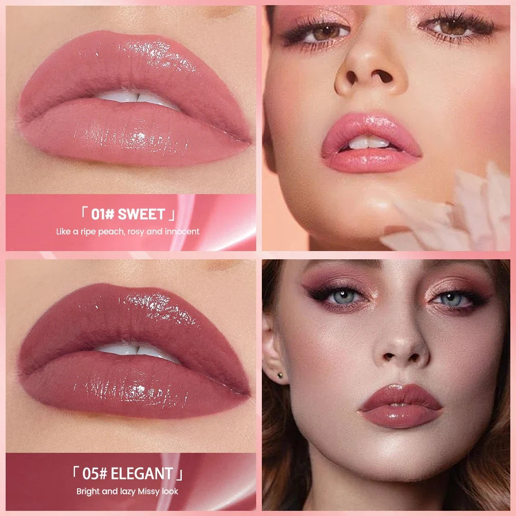 QIBEST 8-color waterproof lip gloss by Blushimmer featuring long-lasting, moisturizing liquid lipstick with a glossy mirror finish.