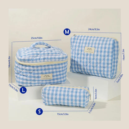 Cute quilted cotton makeup bag by Blushimmer with zipper, portable cloth cosmetic organizer, box shape for women and girls.