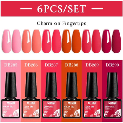 Blushimmer MTSSII 6-piece set of sparkly red gel nail polish bottles with shiny finish, suitable for LED and UV nail art.