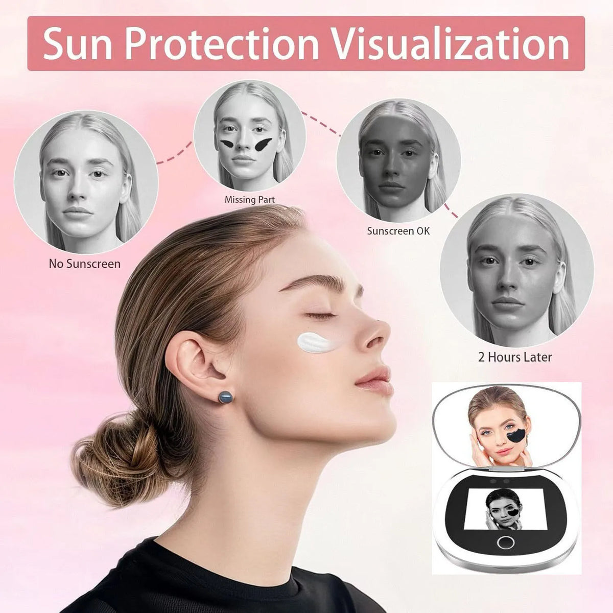Blushimmer UV mirror sunscreen testing camera with light, 2x magnification, travel-sized 3.5-inch pocket mirror for makeup and skincare.