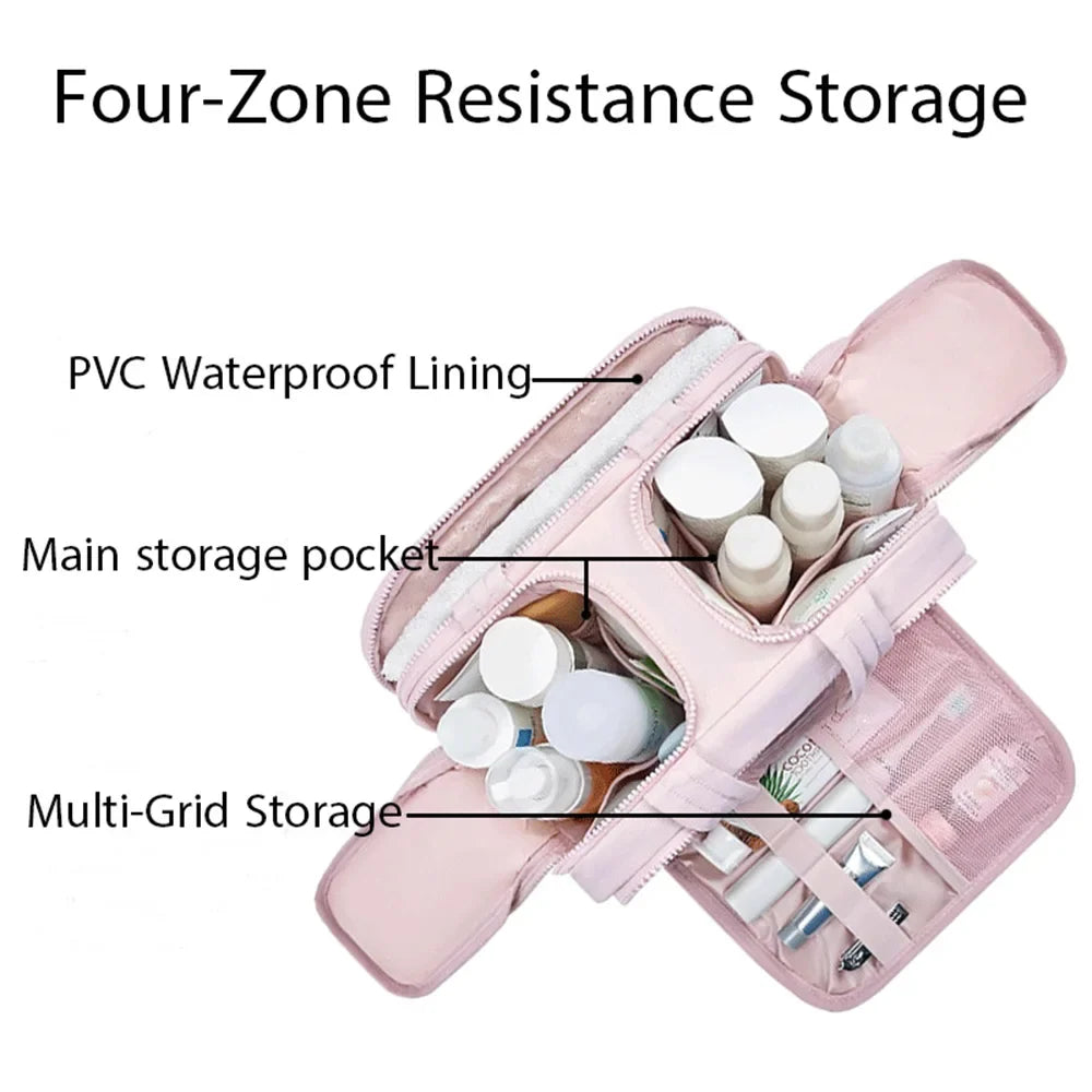 Large capacity Blushimmer cosmetic bag with waterproof material, travel toiletries organizer, and bathroom shower makeup pouch.