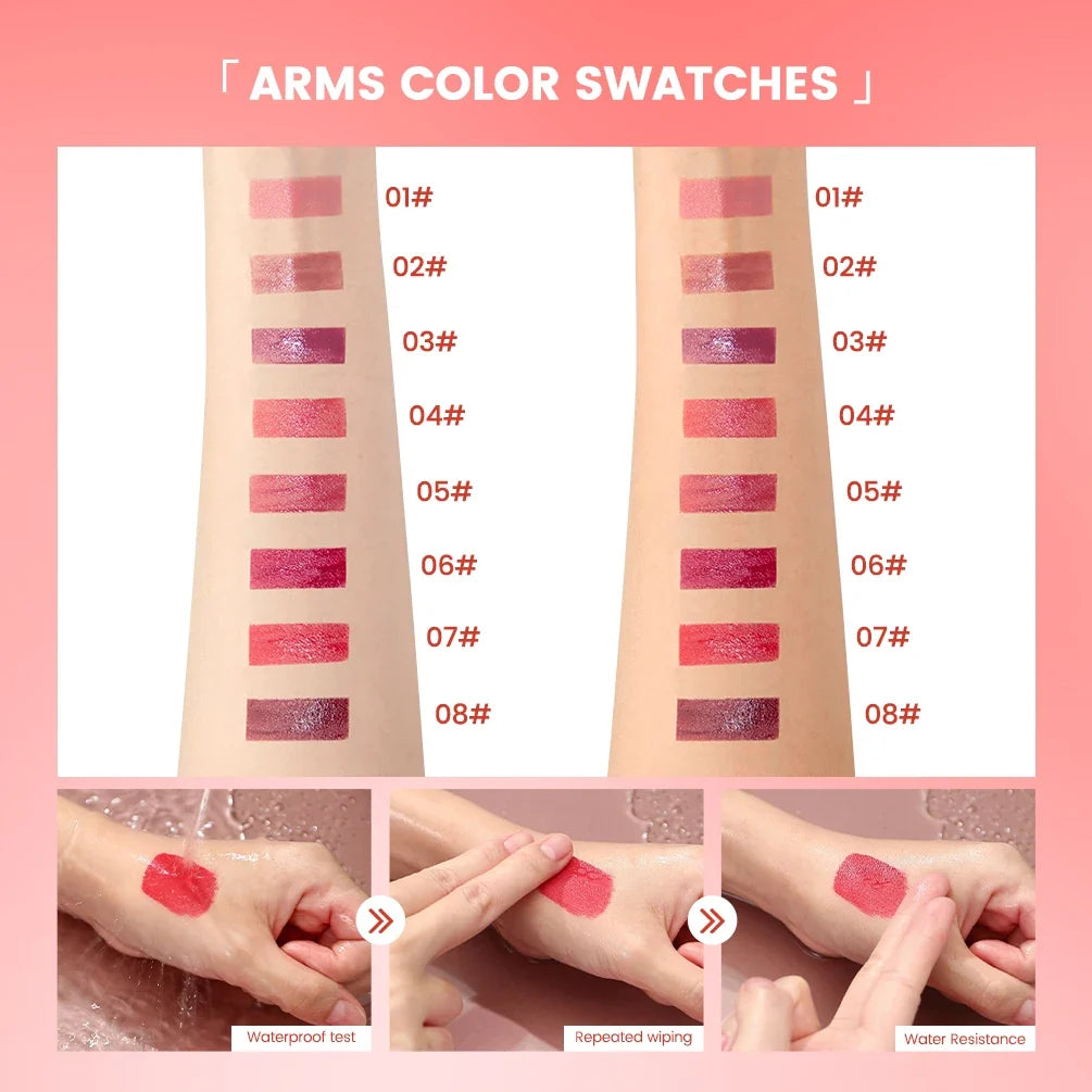 Blushimmer QIBEST 8-color waterproof lip gloss set with glossy, moisturizing liquid lipstick tins, mirror finish, long-lasting makeup.