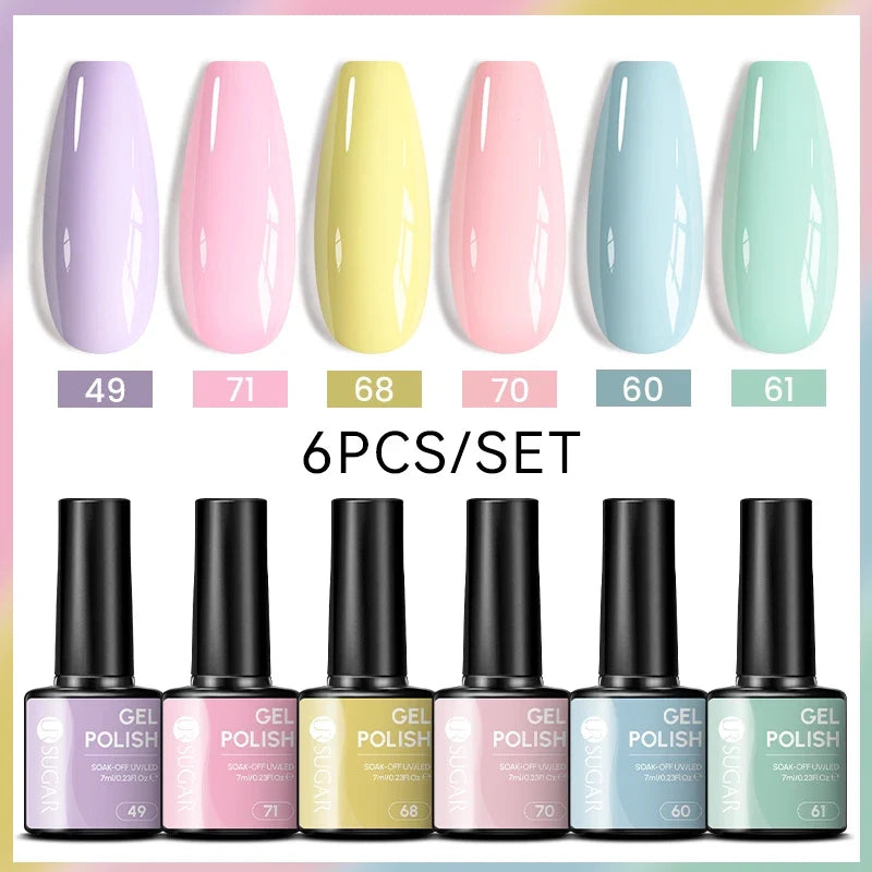 Blushimmer UR Sugar 7ml all-season gel nail polish set with nude, pink, red, and glitter shades for semi-permanent manicures.