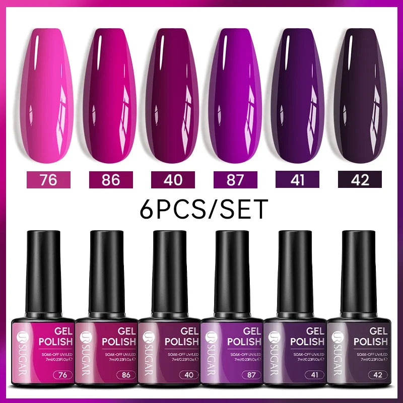 Blushimmer UR SUGAR 7ml gel nail polish set with nude pink, red, glitter shades, suited for semi-permanent UV gel manicures.
