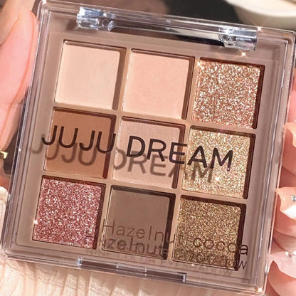 Blushimmer 9-18 color eyeshadow palette with velvet matte and shimmer finishes in berry, brown, and nude tones.