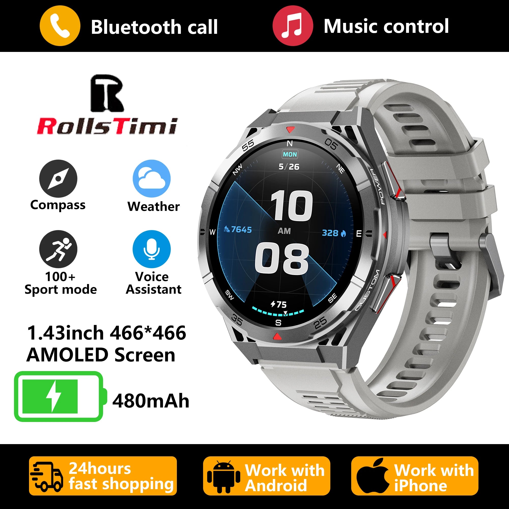 2026 new smart watch 1.43-inch high-definition AMOLED screen supports Bluetooth calls, GPS positioning, health monitoring