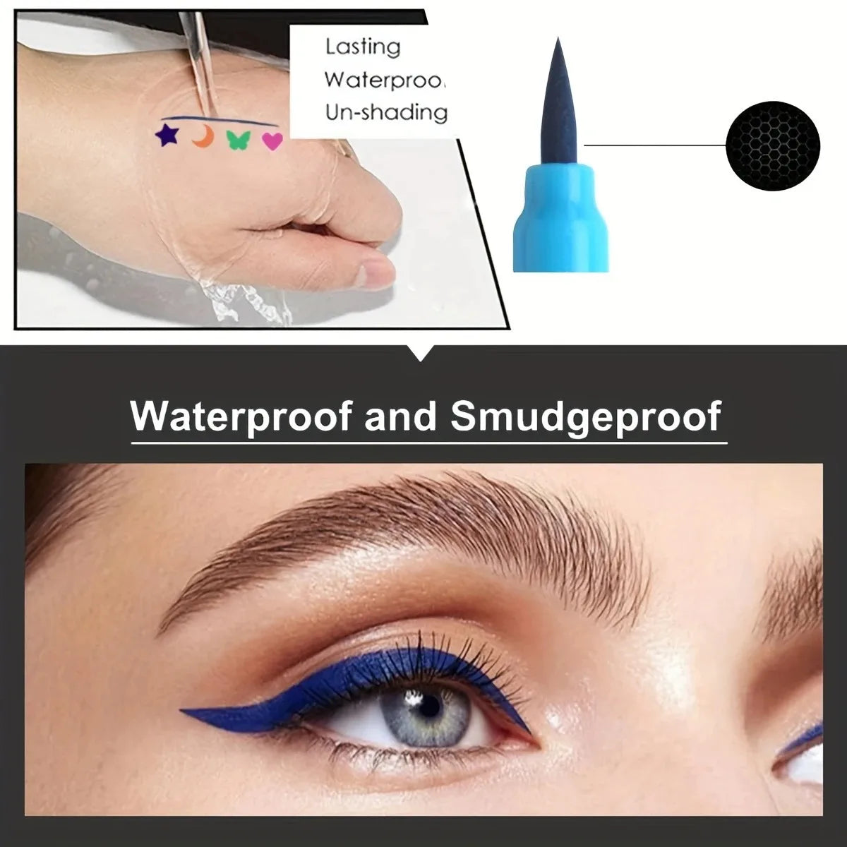 Blushimmer double-head liquid eyeliner set with four waterproof styles featuring stars, hearts, moon, and butterfly designs.