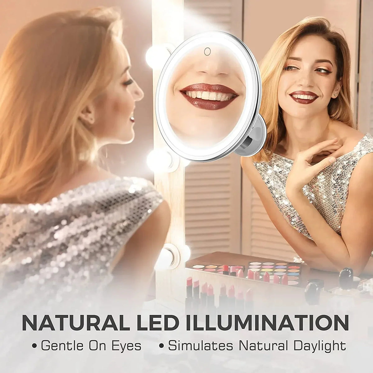 Blushimmer flexible 10x magnifying vanity mirror with LED lights, touch screen control, portable design, and suction cup for makeup.