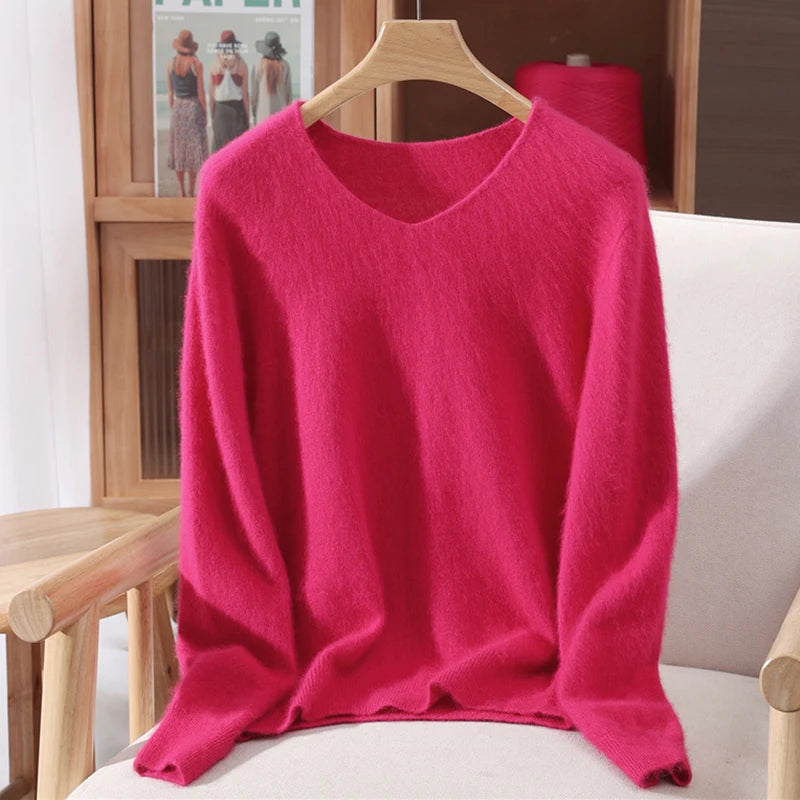 Autumn And Winter New High-End Female Mink Cashmere Sweater Solid Color Long-Sleeved Wool Knit Bottoming Sweater Loose Top