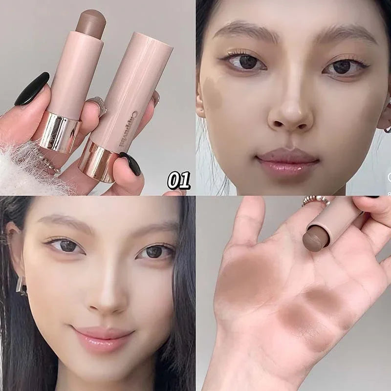 Gray and brown contouring stick by Blushimmer with waterproof cream texture for face contouring, concealing, and moisturizing makeup.
