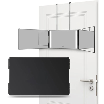 Blushimmer 3-way LED makeup mirror with lights, rechargeable, 360° rotation, height-adjustable hooks, for DIY hair cutting.