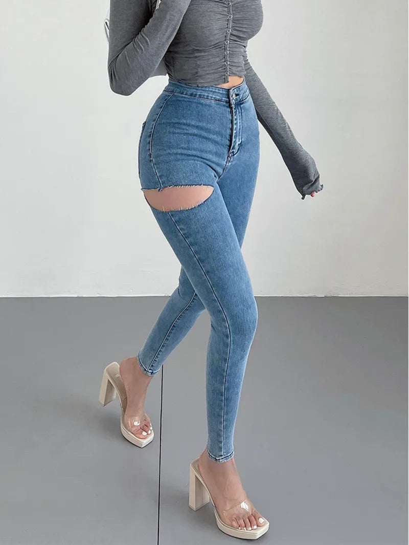 WOMENGAGA American Spicy Girls Sexy Hole Jeans Slim High Waist Elastic Feet Pencil Pants Trousers Fashion Women BOF8