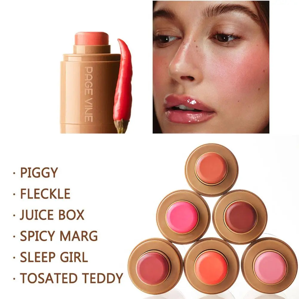 Blushimmer Page Vine Pocket Blush Stick with natural rouge powder for lips and cheeks, easy-to-apply hydrating cream formula.