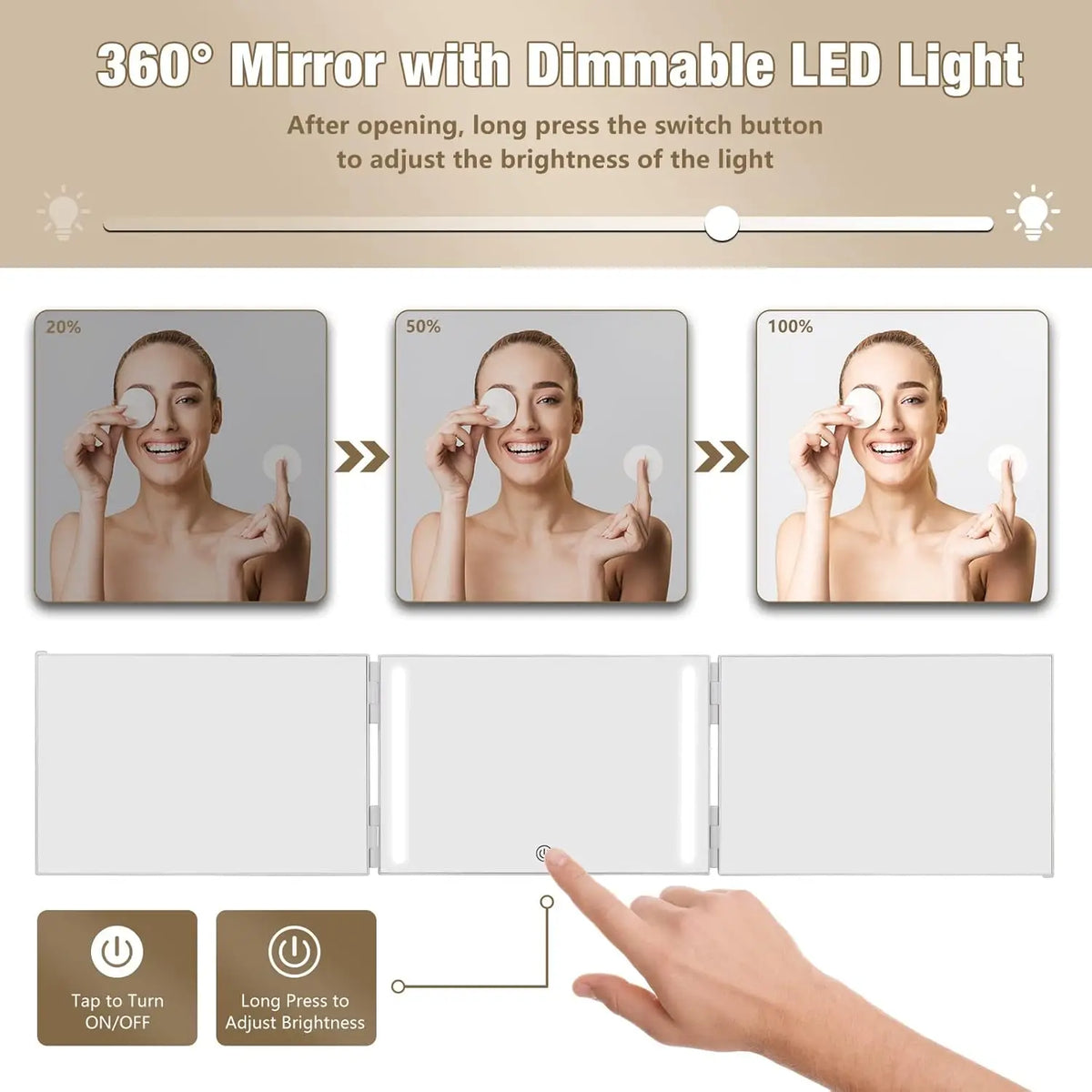Blushimmer 3-way LED makeup mirror with lights, height adjustable hooks, rechargeable, 360° rotation, ideal for self hair cutting.