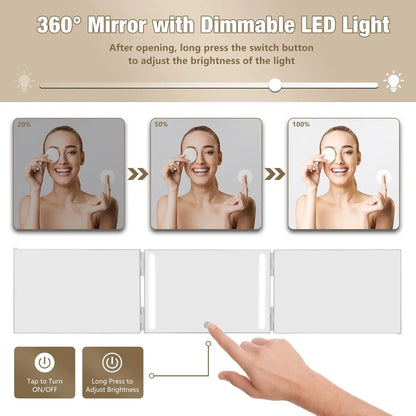 Blushimmer 3-way LED makeup mirror with lights, height adjustable hooks, rechargeable, 360° rotation, ideal for self hair cutting.