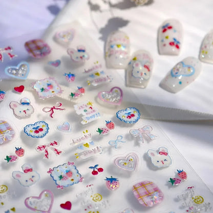 Cute red cherry bowknot 5D nail art stickers with shiny rhinestones, perfect for DIY manicure decoration by Blushimmer.