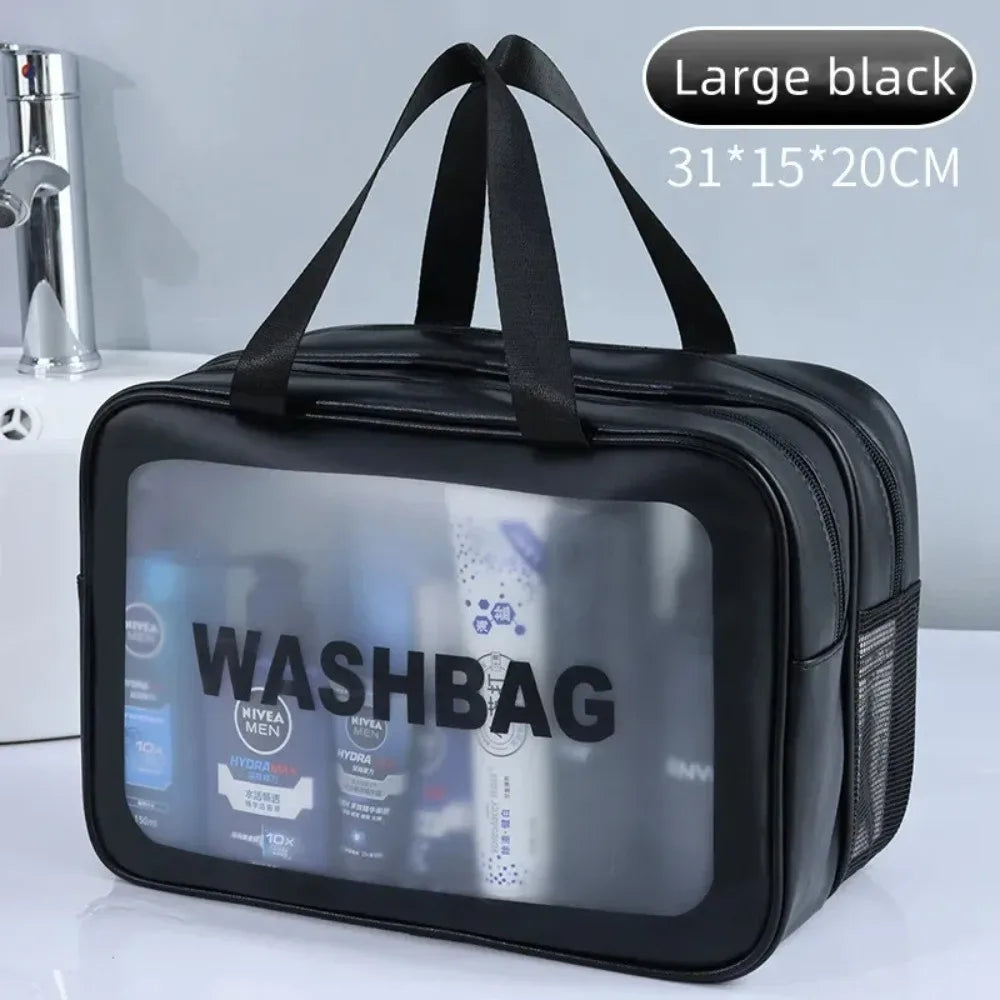 Blushimmer dry-wet separation double transparent PU makeup bag for travel, fitness, and swimming essentials, portable and stylish.