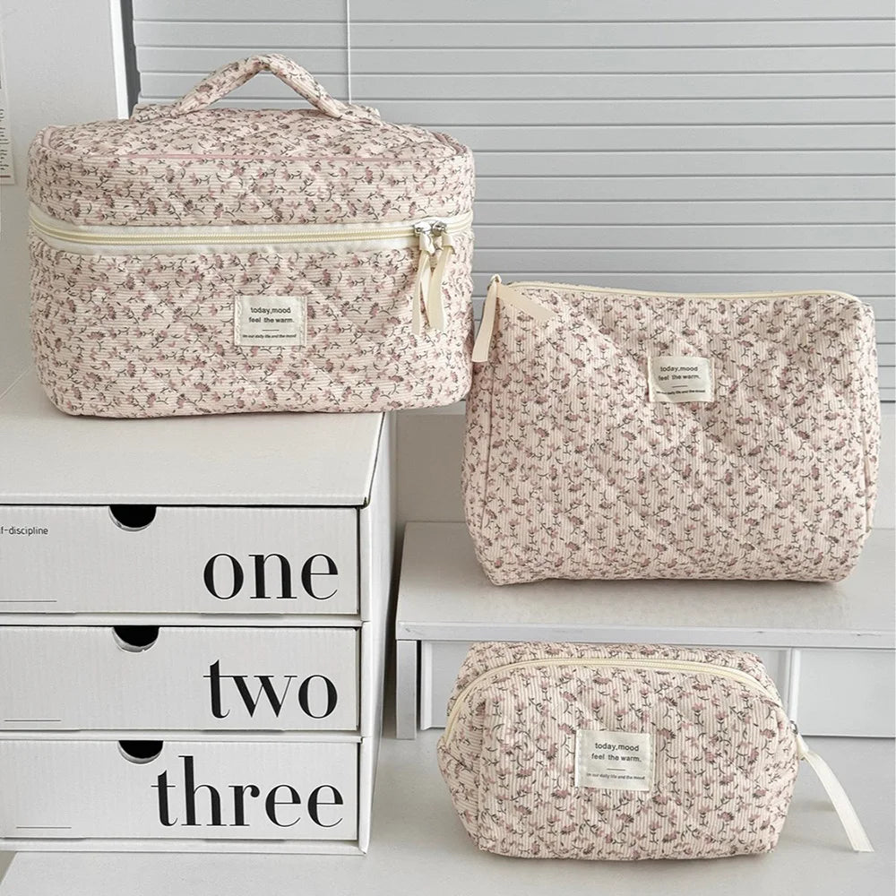 Blushimmer retro floral print women's cosmetic bag set with quilted large-capacity travel organizers and storage pouches.