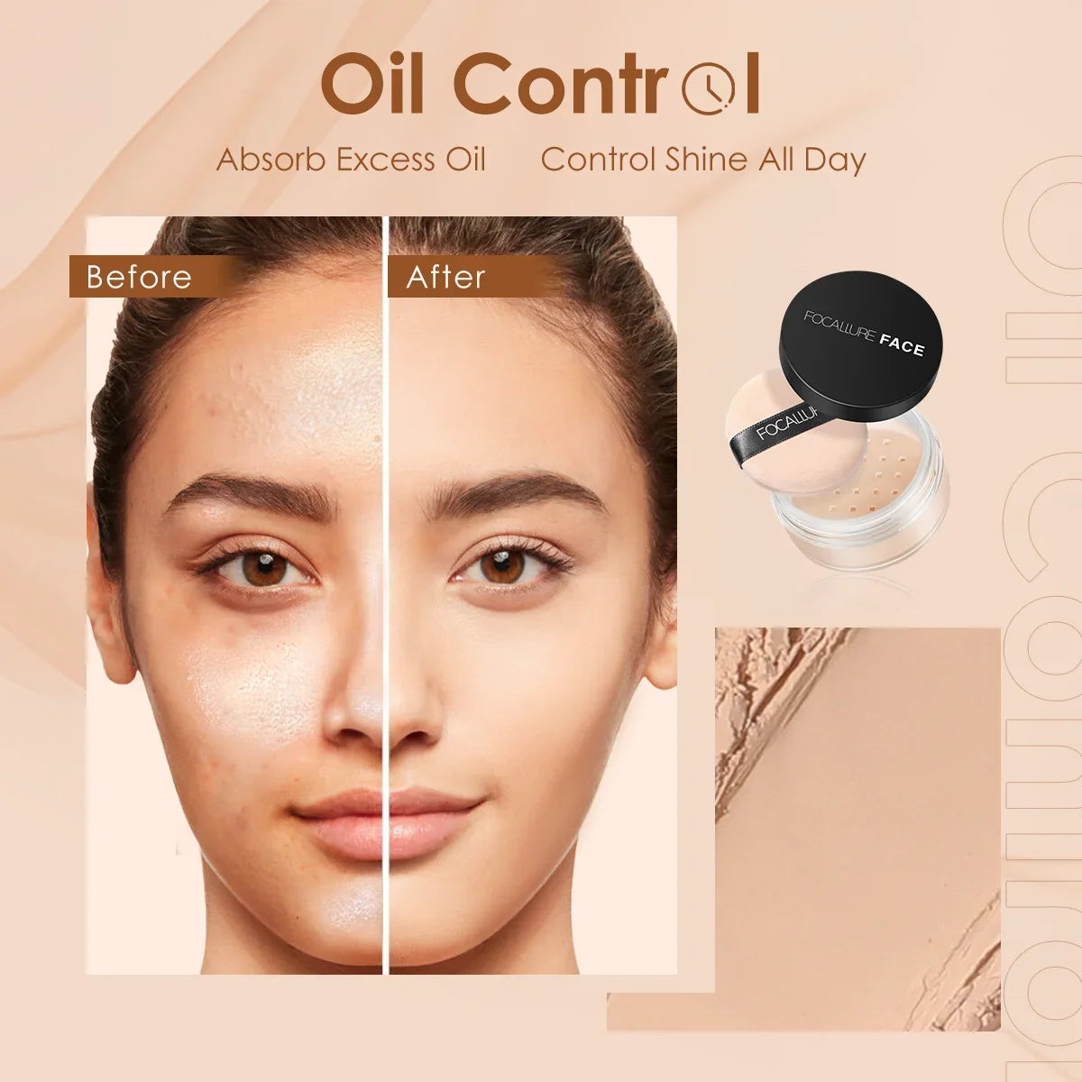 Focallure Blushimmer translucent loose finish setting powder with natural, soft face makeup look and oil control for a matte finish.