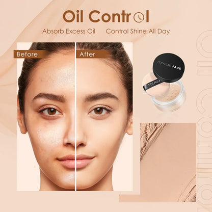 Focallure Blushimmer translucent loose finish setting powder with natural, soft face makeup look and oil control for a matte finish.